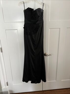 Phoebe Couture Black Strapless Evening Gown with Pleated Accents